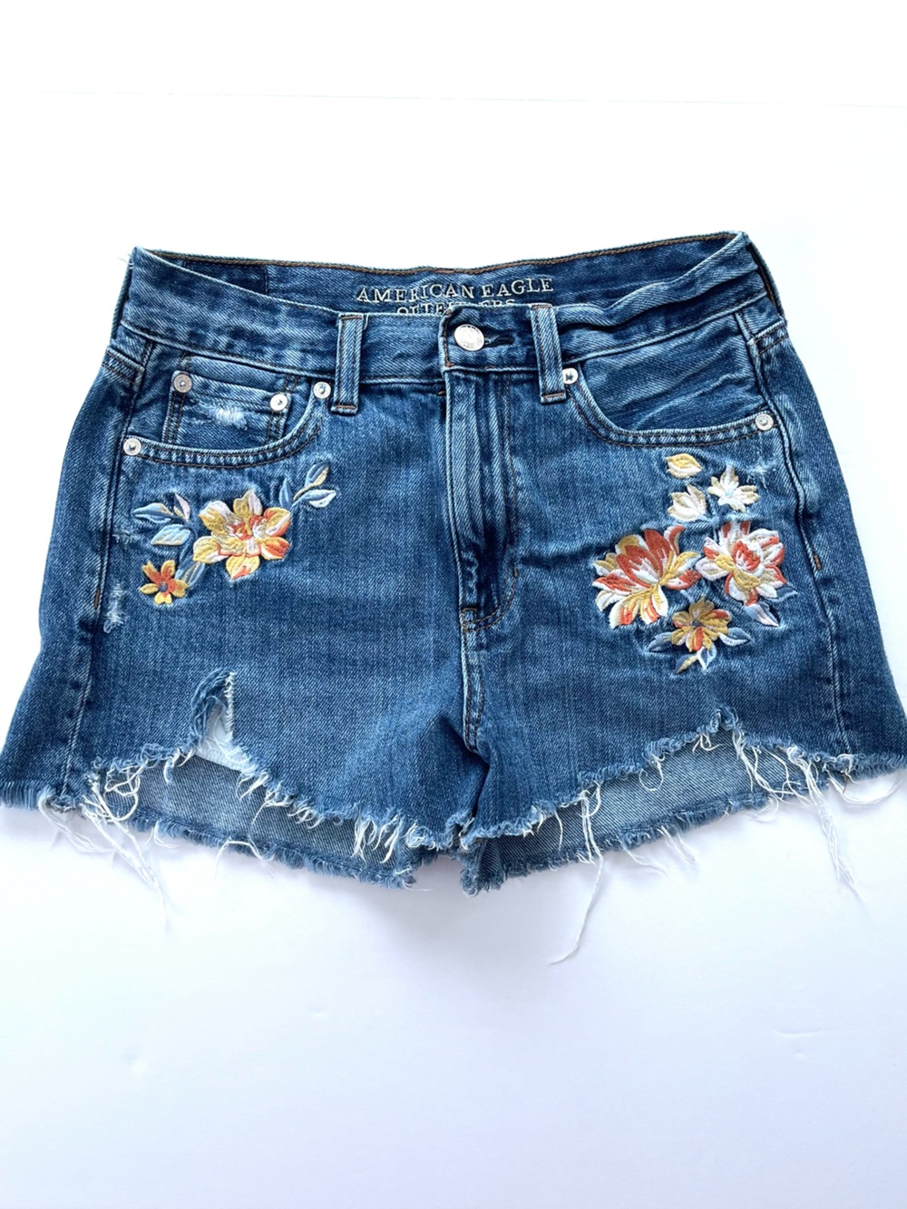 American Eagle Embroidered Denim Cutoff Shorts Distresseed Floral Embroidery